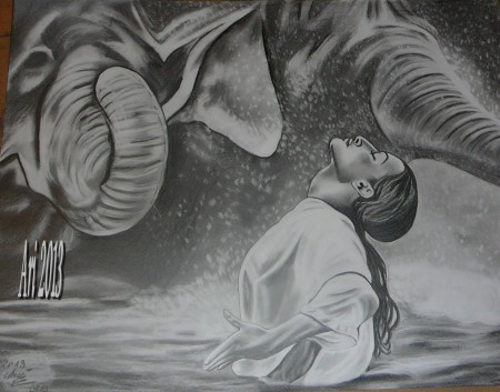 Gregory Colbert Fotója alapján- Elefántok tánca a lánnyal a vízben 40×50 grafit ,szén ceruza rajzom.